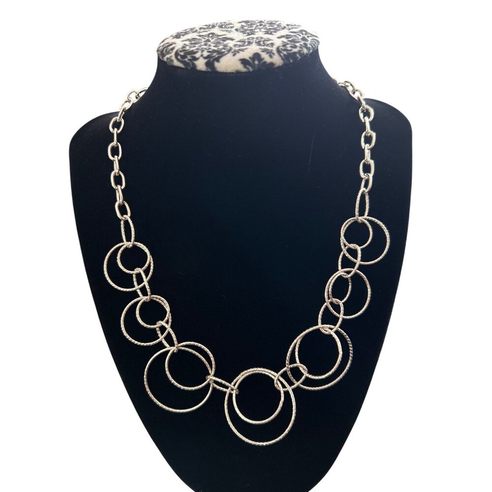 Silver-Tone Circle Link Statement Necklace By NY Adjustable Chain Lobster Clasp